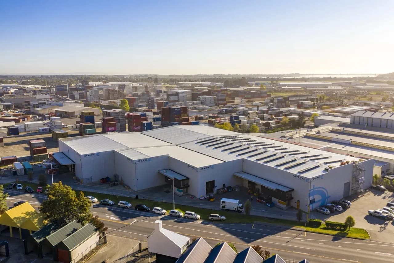 Aerial view of the Online Distribution warehouse representing storage scale and control infrastructure