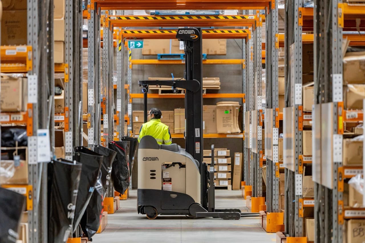 Inside the warehouse showing organised stock storage and operational capacity